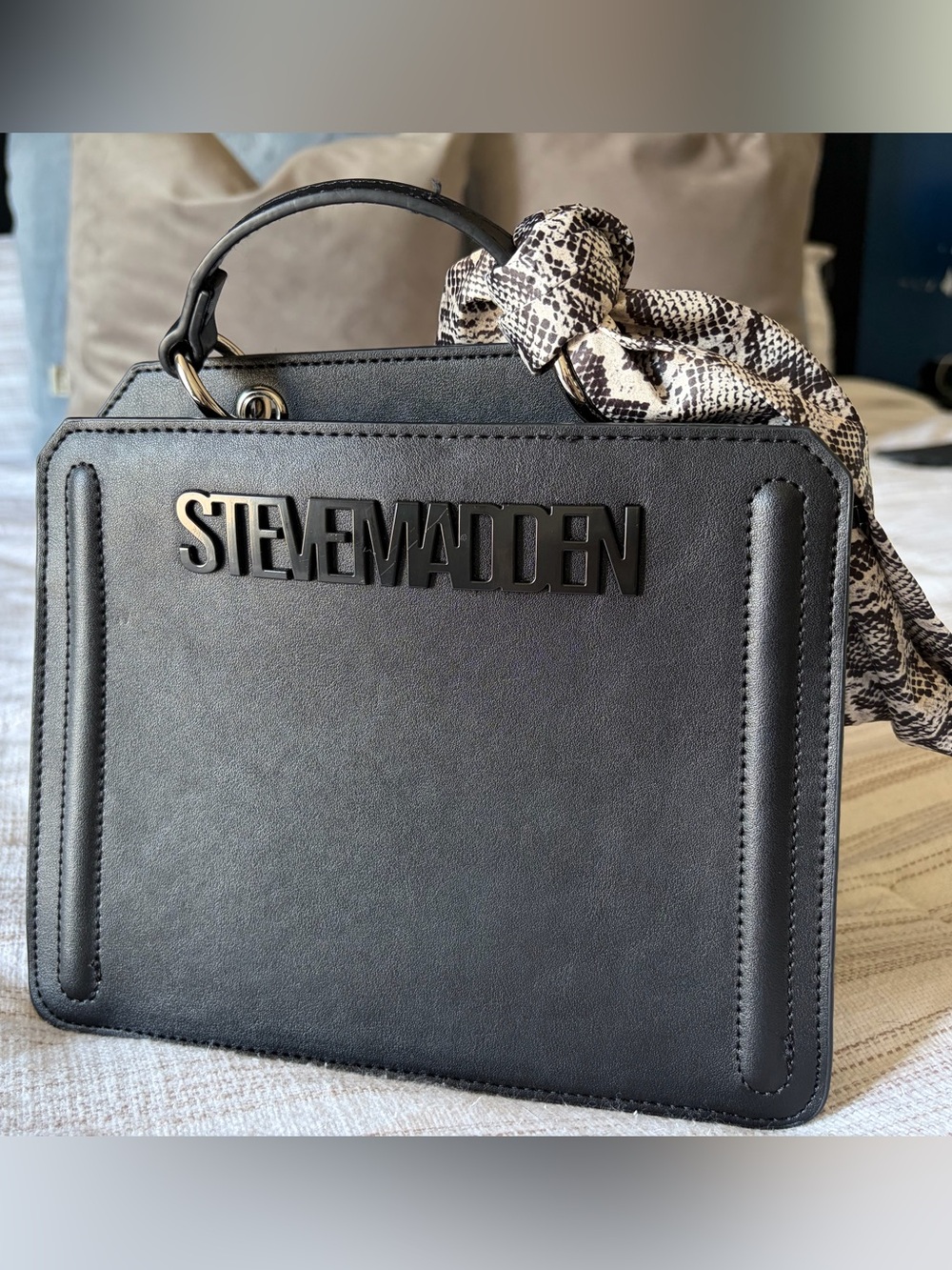Steve Madden Black Top-Handle Satchel with Snake-Print Accent
